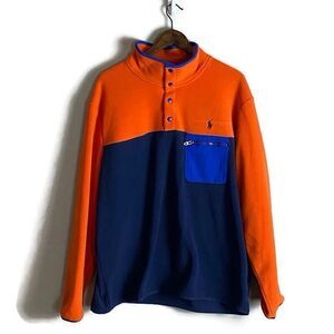 POLO RALPH LAUREN Mens Orange Blue Colorblock Fleece Jacket Size XL T Snap Logo